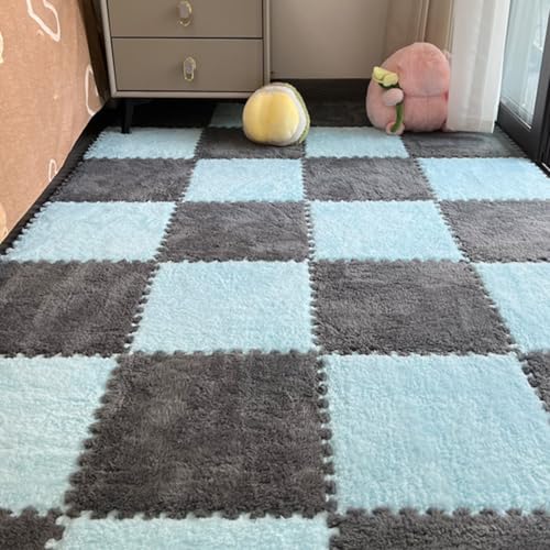 12Pcs Plush Foam Floor Mat,Plush Interlocking Carpet Tiles,Anti-Slip Square Puzzle Floor Mat,EVA Foam Area Rugs for Bedroom Playroom (Blue+Grey) - color: Blue+grey