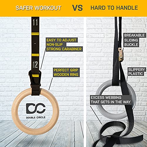Double Circle Wood Gymnastics Rings with Quick Adjust Numbered Straps and Exercise Videos Guide - Full Body Workout Rings, Calisthenics, Home Gym (Multi-Size) - style: Rings 1.1 Inch