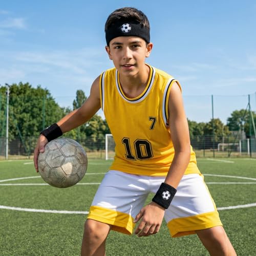 6Pcs Soccer Headband Sweatband Set - 2 Moisture Wicking Terry Cloth Headbands & 4 Athletic Wristbands Sweat Absorbing Sports Accessories for Workout Running Kids Teens