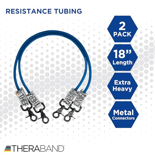 THERABAND Resistance Tubing with Connectors for Wall, Rehab & Wellness Station, Extra Heavy Level 5, Set of 2, 18-Inch Blue Tubing for Physical Therapy, Exercise, Rehab, Clinics & Pilates, Latex Tubes - color: Blue - Extra Heavy, size: 18 Inch