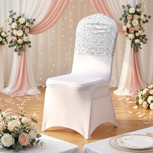20 Pcs Silver Sequin Chair Back Covers 16x16 Inches Double Sided Glitter Stretch Folding Chair Sashes Stretch Slipcovers for Wedding Banquet Reception Baby Shower Party Decorations