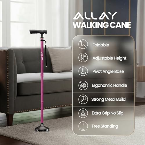 Allay Walking Canes for Men & Women - Adjustable Canes for Women for Stability, Self Standing Wide Quad Pivot Base, Light Weight, Soft Handle Grip and Travel Bag, Walking Sticks for Seniors - color: Pink