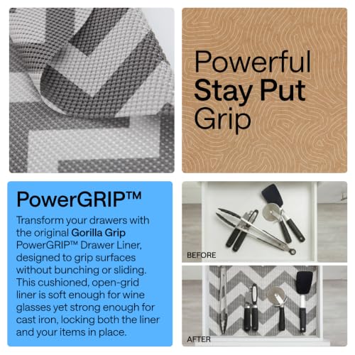 GORILLA GRIP powerGRIP Drawer Shelf and Cabinet Liner, Thick Strong Hold, Non-Adhesive Liners Protect Kitchen Cabinets and Cupboard, Bathroom Drawers, Easy Install, Breathable Mat, 12" x10' Gray White - color: Chevron: Gray/White, size: 12" X 10', style: