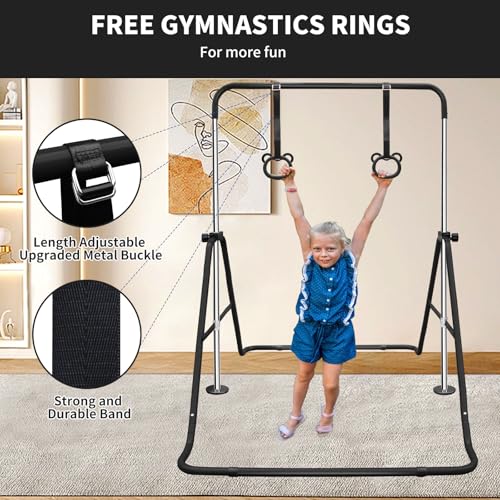 Gymnastics Bars for Kids with Rings, Junior Kip Training Bars Equipment for Home, Folding Height Adjustable Horizontal Bars - color: Black