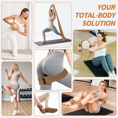 NANATI Pilates Kit, Home Pilates Workout Kit for Women, Pilates Equipment with 14.5" Pilates Ring and Ball, Resistance Bands, Ankle Weights, Sliders & Grip Socks for Home Workouts - color: Mocha