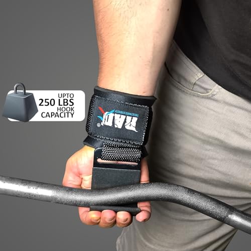 RAD Weight Lifting Hooks (Pair) Comfortable Anti-Rip Nylon Strap Extra Strong Hand Grips for Men & Women Powerlifting Heavy Duty Thick Wrist Padding Gym Workout Enhancer for Power Deadlift Pull Up - color: Black