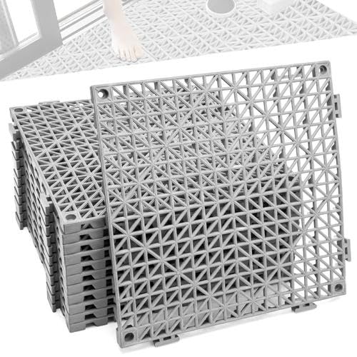 12 Pcs Drainage Mat Modular Interlocking Cushion 11.8" x 11.8" Garage Floor Tiles Non-Slip Splicing Rubber Floor Tiles for Drain, Deck, Pool, Outdoor/Indoor (Grey) - size: 11.8"x11.8"Grey