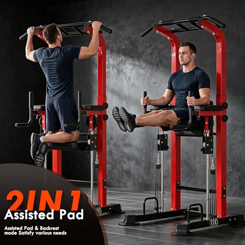 SogesPower Power Tower Dip Station Pull Up Bar for Home Gym Multi-Function Adjustable Height Strength Training Workout Equipment - color: Red