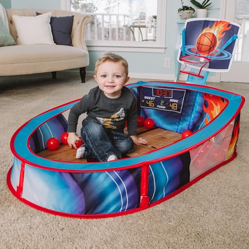 Large Basketball Sport Pop Up Ball Tent with Basketball Hoop and 20 Soft Balls for Toddler Kids, Folds for Easy Storage