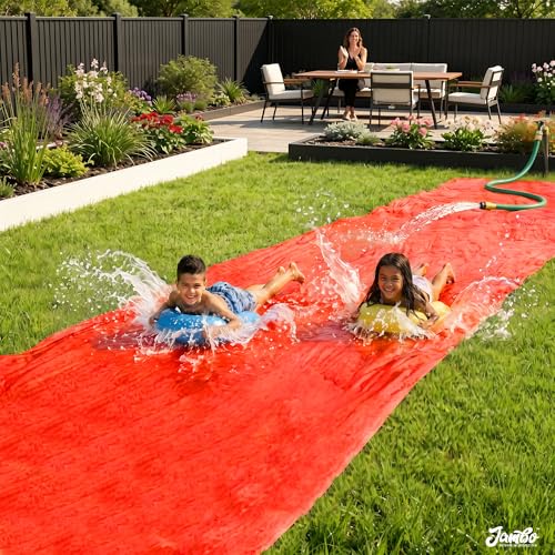 JAMBO 40Ft 3XL Updated Mega Slip Splash and Slide and 2 Bodyboards, Heavy Duty with Inflatable Crash Pad, Slide Splash Mat Outdoor Splash Mat n Backyard Water Toys - color: Blue, Green, Yellow