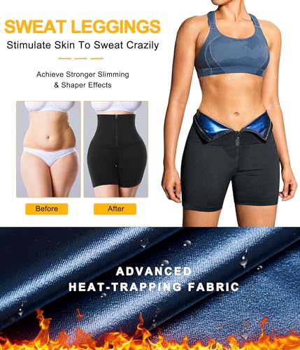 TrainingGirl Compression Sweat Shorts for Women Workout Sauna Suit Gym Sets High Waist Trainer Thigh Fat Slimmer Yoga Pants - color: Black Blue-inner Zipper, size: Small