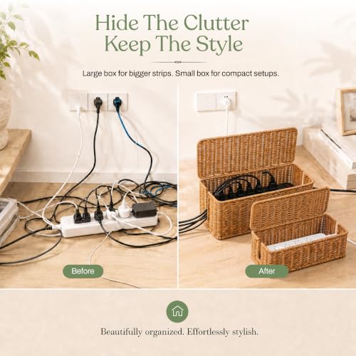 Cable Management Box Set of 2 Sizes, Handmade Rattan Cable Organizer with 2 Open Slots, Cord Hider for Power Strip, Router & USB Hub, Registered U.S. Design Patent (D1,112,102), Natural - color: Natural, style: Standard + Large Set