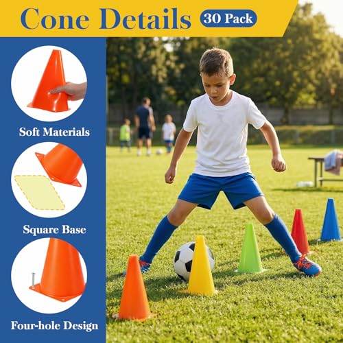 Fasmov 30 Pack Plastic Training Cones, 9 Inches Traffic Cones Indoor Outdoor Sports Agility Cones Soccer Flexible Cone Sets for Soccer, Skating, Drills, Football, Basketball, Assorted Colors