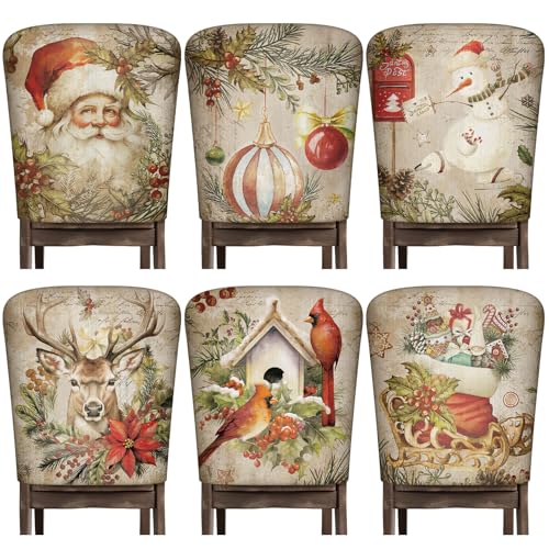 Moukeren 6 Pcs Christmas Chair Cover Set Stretch Dining Chair Back Covers Vintage Christmas Santa Claus Elk Slipcovers Farmhouse Removable Elastic Seat Protector for Xmas Party Kitchen Home Decor - style: Modern