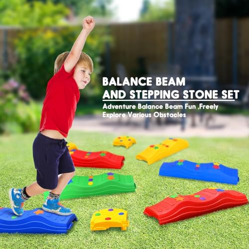 MOCUTEEN Kids Balance Beam Toddler Stepping Stones Max Load 220LBS 4 PCS Non-Slip Textured Surface & Rubber Pads Bottom Promote Agility Coordination Five Star Pattern - color: 4 Straight