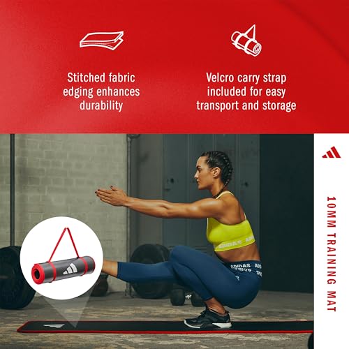 adidas 10mm Extra Thick Training Mat with Carrying Strap and Non-Slip Textured Base - Cushioned Workout Mat for Home Gym, Floor Workouts, and Intense Exercises - Portable and Durable - color: Red