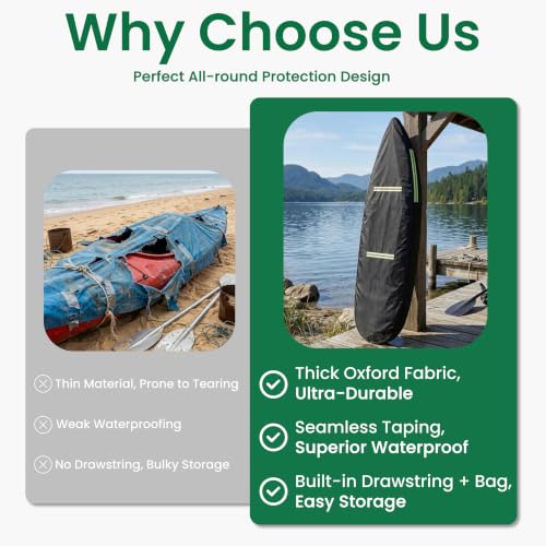 10-12 FT Kayak Cover, Made of 600D Oxford Fabric with a Cotton Lining. Features a Full-Coverage Design, Complete with Zippers and Fluorescent Straps.Suitable for Both Indoor and Outdoor Storage - size: 10-12FT