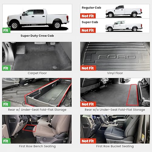 LASFIT Floor Mats for Ford F250 F350 F450 2017-2026 Crew Cab Front Bench Seat | Rear W/Fold-Flat Storage Carpet Floor Super Duty All Weather Protector TPE Car Floor Liner, 1st & 2nd Row, 2pcs Black