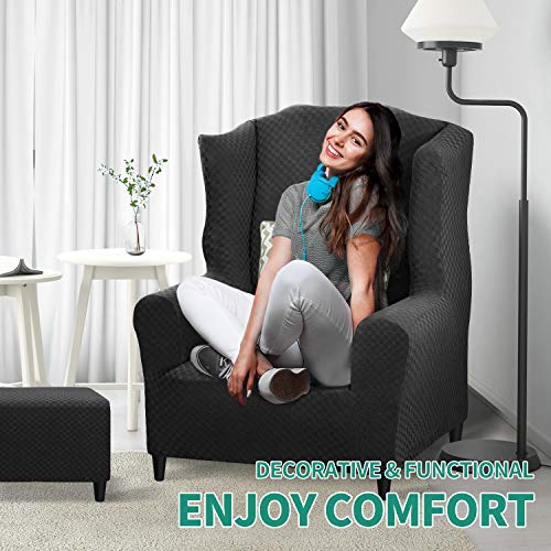 YEMYHOM 1 Piece Stretch Wingback Chair Slipcover Latest Jacquard Design Wing Chair Cover Non Slip Furniture Protector with Foam Rods for Living Room (Wing Chair, Black) - color: Black, size: 1 Pack - Wing Chair