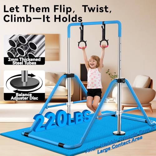 WATBKHE Gymnastics Bar Adjustable & Foldable Training Kip Bar with Rings and Mats, Sturdy Gymnastics Horizontal Bar, Gymnastics Equipment for Home Practice, Blue