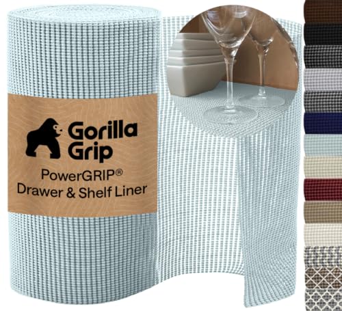 GORILLA GRIP powerGRIP Drawer Shelf and Cabinet Liner, Thick Strong Hold, Non-Adhesive Liners Protect Kitchen Cabinets and Cupboard, Bathroom Drawers, Easy Install, Breathable Mat, 12" x10', Spa Blue - color: Spa Blue, size: 12" X 10', style: 12" x 10'