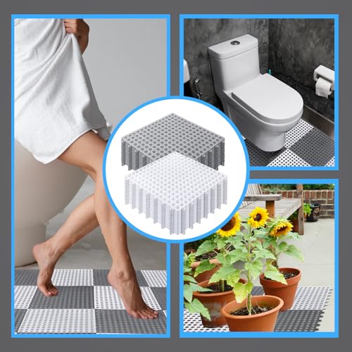 Tinideya 50 Pcs Drainage Interlocking Floor Tiles, 12'' x 12'' Soft TPE Non Slip Shower Floor Tiles for Pool Bathroom Shower Balcony Patio Locker Room Basement Stairs(White and Light Gray) - color: Light Gray and White