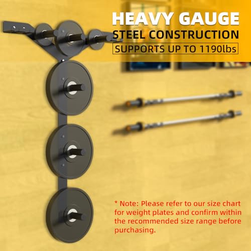 Wall Mounted Weight Plate Rack, 6 Pegs & 4 Barbell Storage Rack, 1190 LBS Capacity Weight Plate Holder, Wall Mounted Bumper Plate Storage for Home Garage Gym, Fit 2" Olympic, Rubber Protection Pads - size: Weight Plate Tree