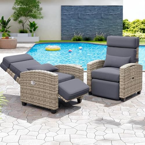 GarveeLife Outdoor Recliner Chair, PE Wicker Lounge Chair with Adjustable 145° Lay-Flat Backrest, Independent Footrest & Side Table, Plush Cushion for Patio, Poolside, Backyard in Brown - color: Brown Rattan + Khaki Cushion