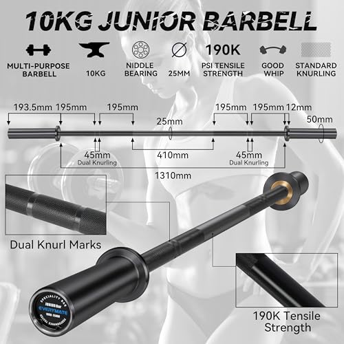 EVERYMATE 5LB Mini Barbell Bar Beginner Women Kid Barbell Total Body Workout Weighted Bar,for Strength Training, for Youth Children New Weightlifting - color: Black Sleeves Black Bar, size: 10KG Junior Barbell