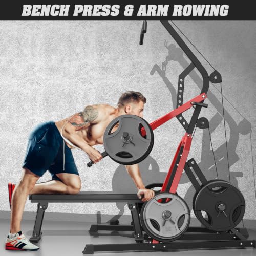 DONOW Leverage Gym Home Gym System Workout Station with LAT Pulldown | Upgraded Weight Plate Holder No Slide Off, Multi Function Squat Rack and Pulley System, US Team Service, 6 US Warehouses - color: Red