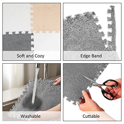 Amylove 72 Pieces Plush Foam Floor Mat Square Interlocking Carpet Tiles with Border 12 x 12 x 0.4 in Fluffy Play Mat Floor Tiles Soft Climbing Area Rugs for Home Playroom(White, Gray, Beige) - color: White, Gray, Beige