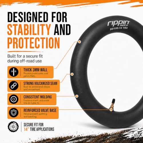 Rippin Moto 90/100-14 (3.0-14) Heavy Duty 14" Dirt Bike Inner Tube - 3mm Thick, TR4 Valve, Fits Most 14" Pit Bike & Motocross Tires (3.0x14)
