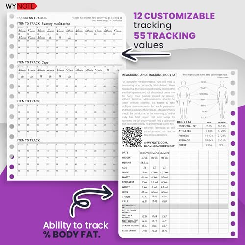 Fitness Journal Royal Purple on 150+ Workouts + Yearly Calendar + 55 Tracking Values - A5 Workout Journal with Fat tracking - Planner to 12 items to track + 7 comparative periods + Goals