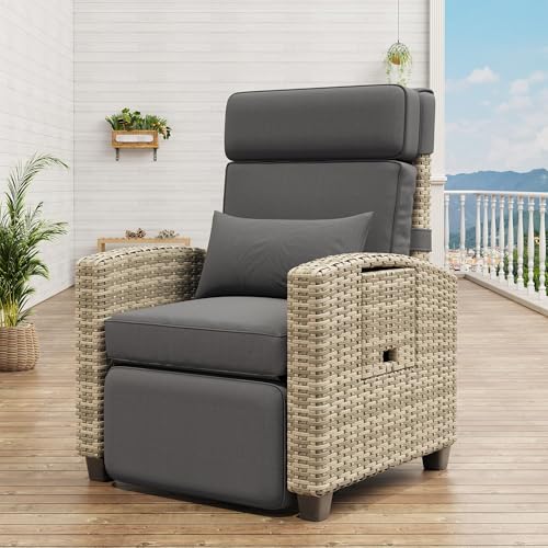 GarveeLife Outdoor Recliner Chair, PE Wicker Lounge Chair with Adjustable 145° Lay-Flat Backrest, Independent Footrest & Side Table, Plush Cushion for Patio, Poolside, Backyard in Gray - color: Grey Rattan /Grey Cushion