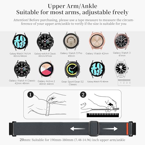 20mm Nylon Sport Ankle/Arm Band Compatibel with Galaxy Watch 7/6/5/4/FE 44mm 40mm/Watch 5 Pro/ 6 Classic 47mm 43mm/ 4 Classic Strap,Elastic Oberarmband Bicep Band for Women Men - color: dark gray