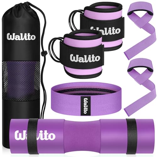 WALITO 8Pcs Barbell Pad Set for Hip Thrust - Squat Pad,Gym Accessories for Women with Bar Bad,Bench Press, with Gym Ankle Straps,Resistance Bands for Working Out,Lifting Strap,Carry Bag - color: Purple