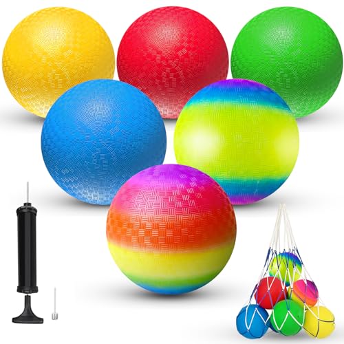 8.5 Inch Playground Balls Dodgeballs for Kids & Adults, Pack of 6 – Inflatable Colorful Rubber Kickball with Ball Pump and Net Bag
