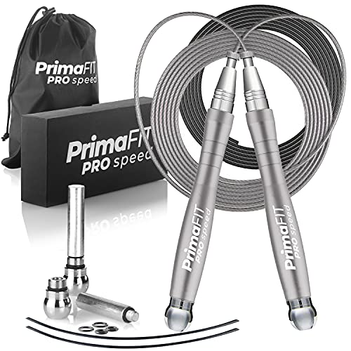 PrimaFIT Pro Speed Jump Rope for Adults, Weighted Skipping Rope for Boxing | Adjustable Jumping Rope for Fitness Workout & CrossFit Exercise, Double Unders, Handle Weights, 3m Cables 2 Protectors, Bag - color: Silver