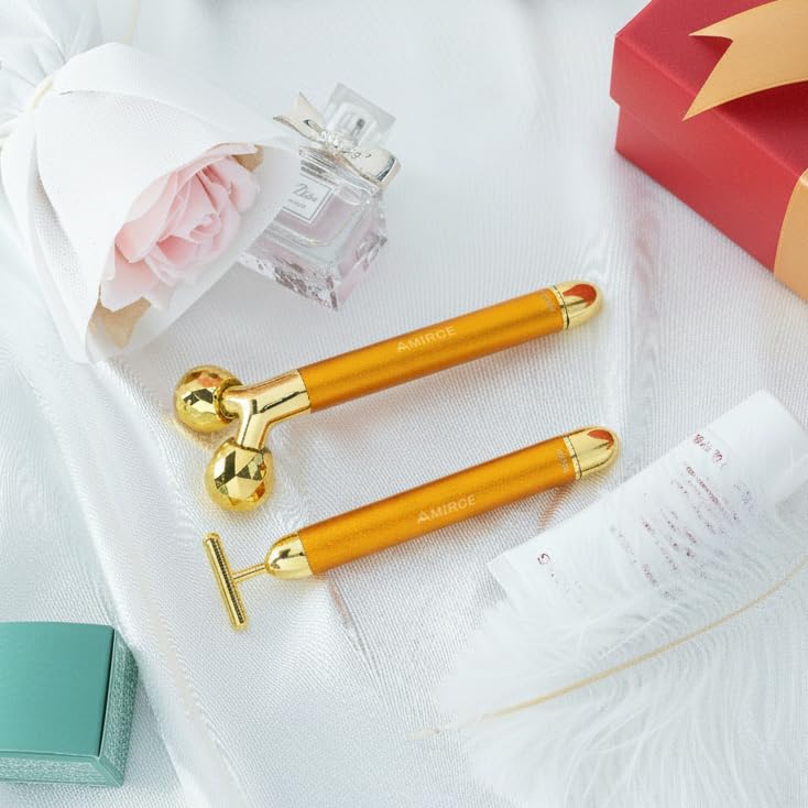 Face Massager Facial Roller Kit | Electric, Golden 3D V Type Facial Roller and T Shape Massager with Gentle Vibration, for Lymphatic Drainage Skincare Ritual