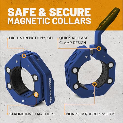 Magnetic Barbell Collars [Bells of Steel] Version 2.0 Premium Weight Bar Clamps, Quick Release Barbell Clips, Olympic Barbell Clamps, High-Strength Nylon Gym Clips, Pair, Blue - color: Blue V.2