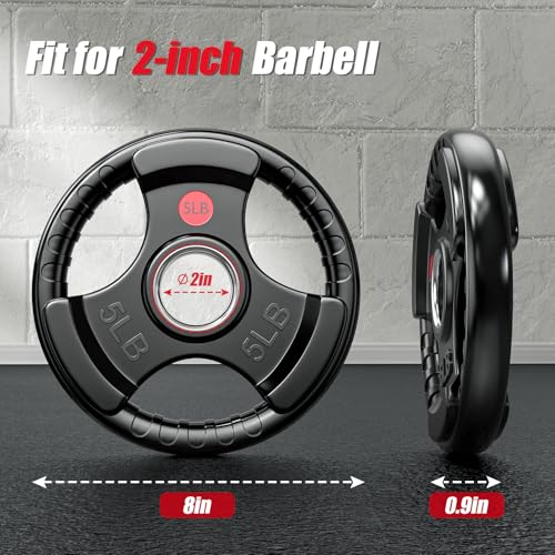 Gikpal Olympic Weight Plates, 2-Inch Three-Grip Rubber Coated Barbell Plates with Steel Hub, Cast Iron Weights for Strength Training & Home Gym, Pair or Sets (2.5–45LB) - style: 2 X 5LBS