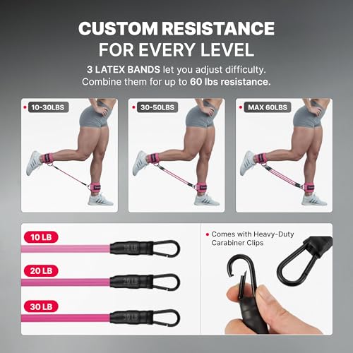 DMoose Ankle Strap for Cable Machine - One Size Fit with Premium Padding, Workout Kickback Ankle Cuffs, Ankle Bands for Working Out, Booty Workouts, Leg Extension, Hip Abductors & Lower Body Exercises - color: Pink + Tube Bands