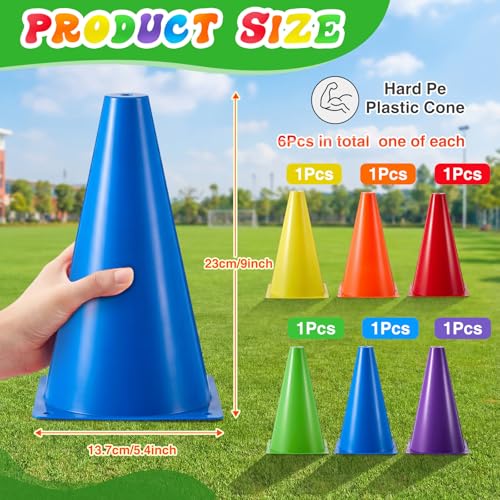Seenelling 6 Pcs PE Cones Flexible Vinyl Poly 6-Colored PE Class Equipment for Sports Training - size: 9 Inch