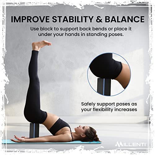 Millenti Gray Black Yoga Block Yoga Brick - Sold as Single EVA Foam Block, Bevelled Edge, Non-Slip, Latex-Free Block with a Workout Chart 9x6x4” - color: Blue