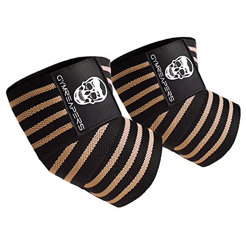 Gymreapers Weightlifting Elbow Wraps (1 Pair) - Flexible 40'' Elbow Compression Strap & Joint Support Brace - for Bench Press, Powerlifting, and Pressing - color: Tan