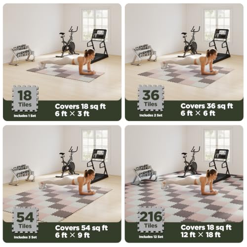 AIRHOP 18 PCS Gym Floor Mat, EVA Foam Puzzle Gym Mat, High-Density Interlocking Foam Floor Tiles for Home Gym, Play Workout Garage Kitchen Flooring 12.6"x12.6"x0.4" - color: Dusty Pink + Pastel Pink + Ivory Mix Set, size: 18 Tiles | 18 Sq Ft