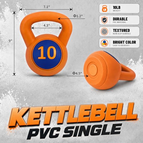 Single Kettlebells, Coated Cast Iron Kettlebell Weights with Wide Grip Handle & Flat Bottom, Strength Training Equipment for Swings, Squats, Deadlifts, Push-Ups & Home Gym Workouts - color: Orange-10 LB