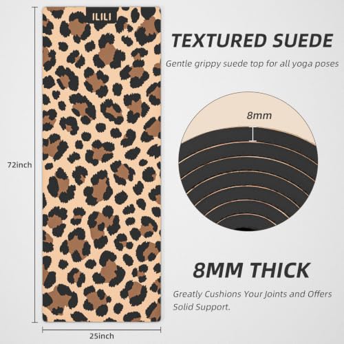 ILILI Yoga Mat Leopard Print Yoga Mat 8mm, Suede & TPE Thick Exercise Mat, Workout Mat for Women Men, 72''x25'' Fitness Mat with Strap for Home Gym, Yoga, Pilates, Stretching - color: Yellow