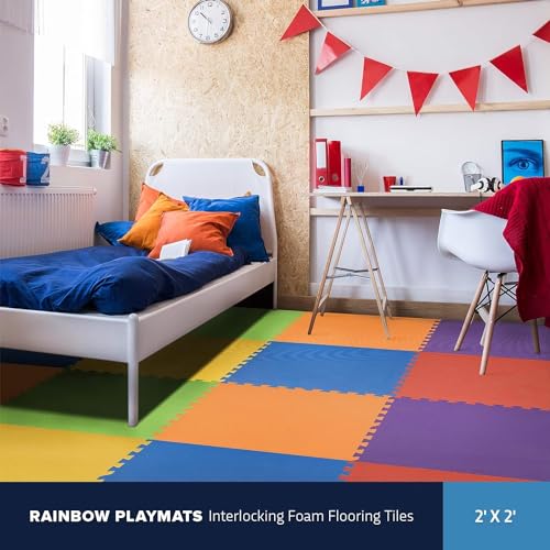 FlooringInc Baby Play Mat for Floor, Extra Large 2'x2' Foam Floor Tiles for Kids, Soft Interlocking Puzzle Mat, 1/2 Inch Thick, Non-Toxic EVA (Rainbow, 6 Tile Pack, 24 Sq Ft)