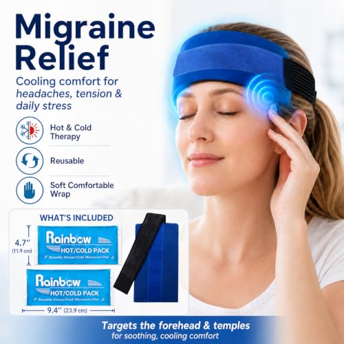 Headache Ice Pack Wrap with Strap, Reusable Gel Ice Pack for Injuries, Hot Cold Pack for Head Neck Knee Arms, 2 Flexible Gel Pack for Headache Relief, Migraine, Fever, Joint Pain, Muscle Soreness - style: 4.3" x 9.8" 2 packs+wrap